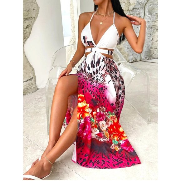 VCAY Floral & Leopard Print Cut Out Tie Backless Split Thigh Halter Dress - Picture 1 of 5
